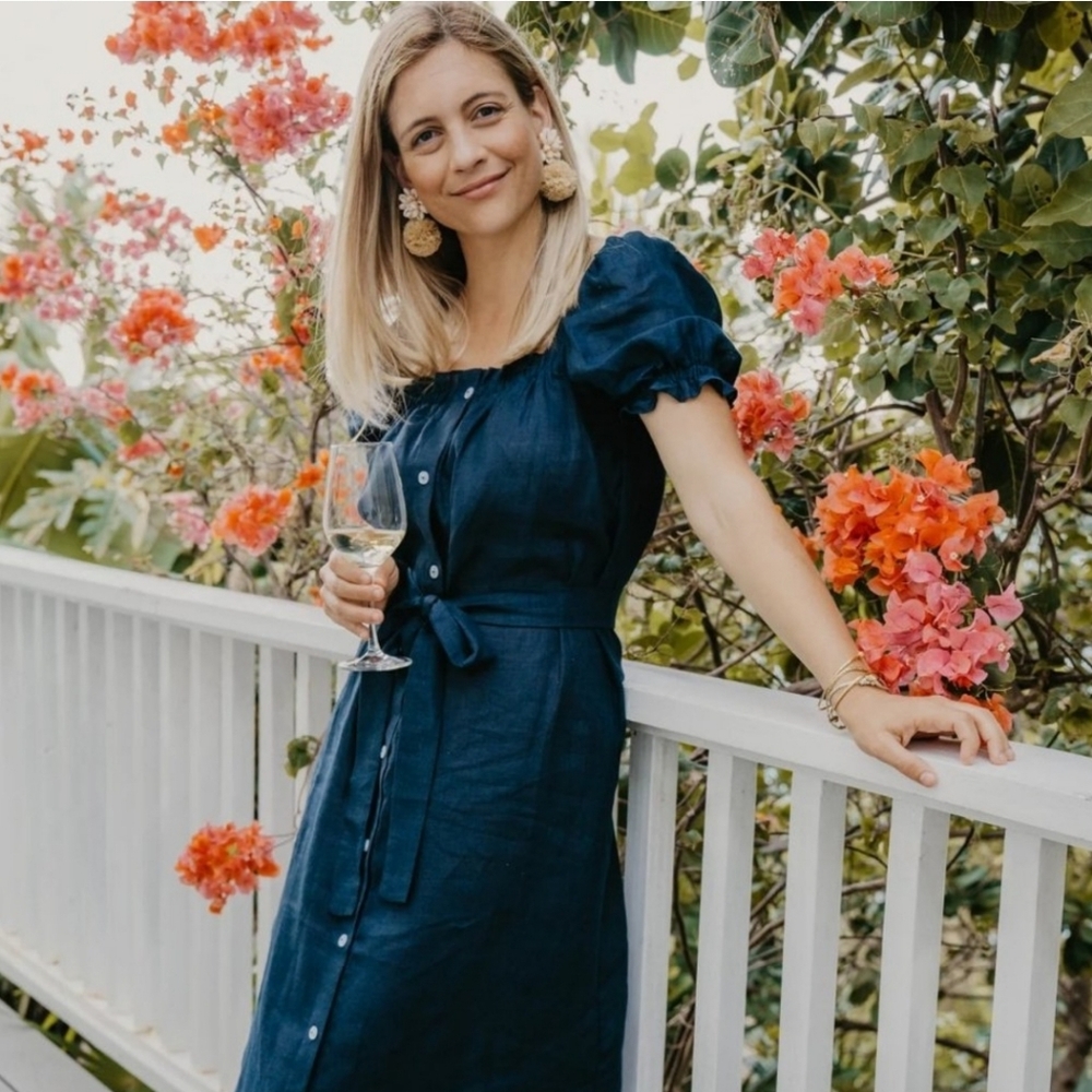 Sleeper Brigitte 100% linen navy blue midi dress, small